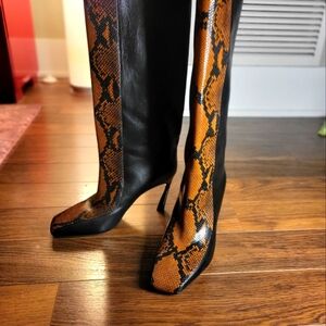Jimmy Choo Mabyn 85 Leather Heeled Knee-High Boots in Brown Snakeskin Print US 9